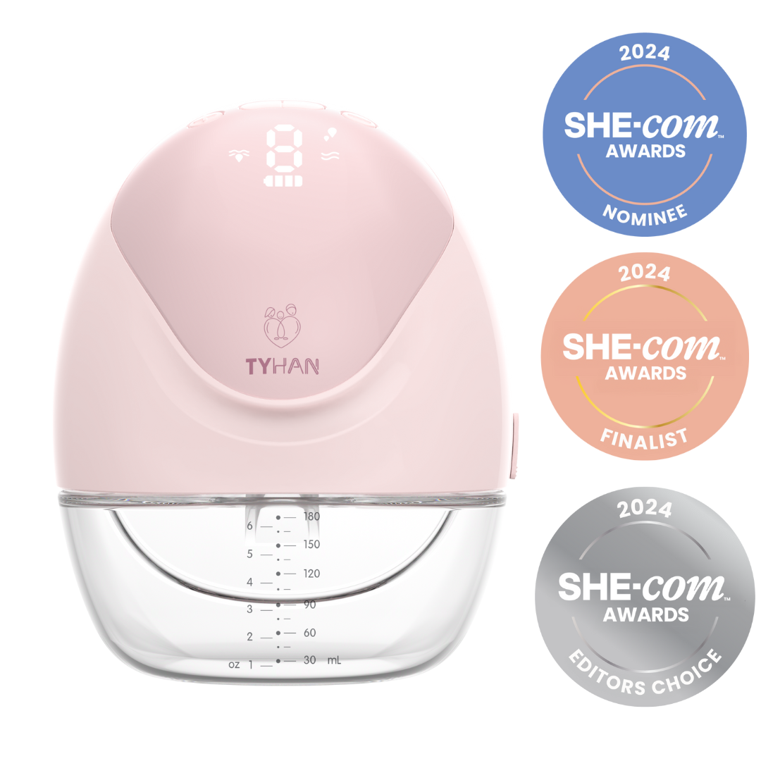 Front view of the Elevate+ wearable breast pump with the awards from She-com for 2024 editors choice