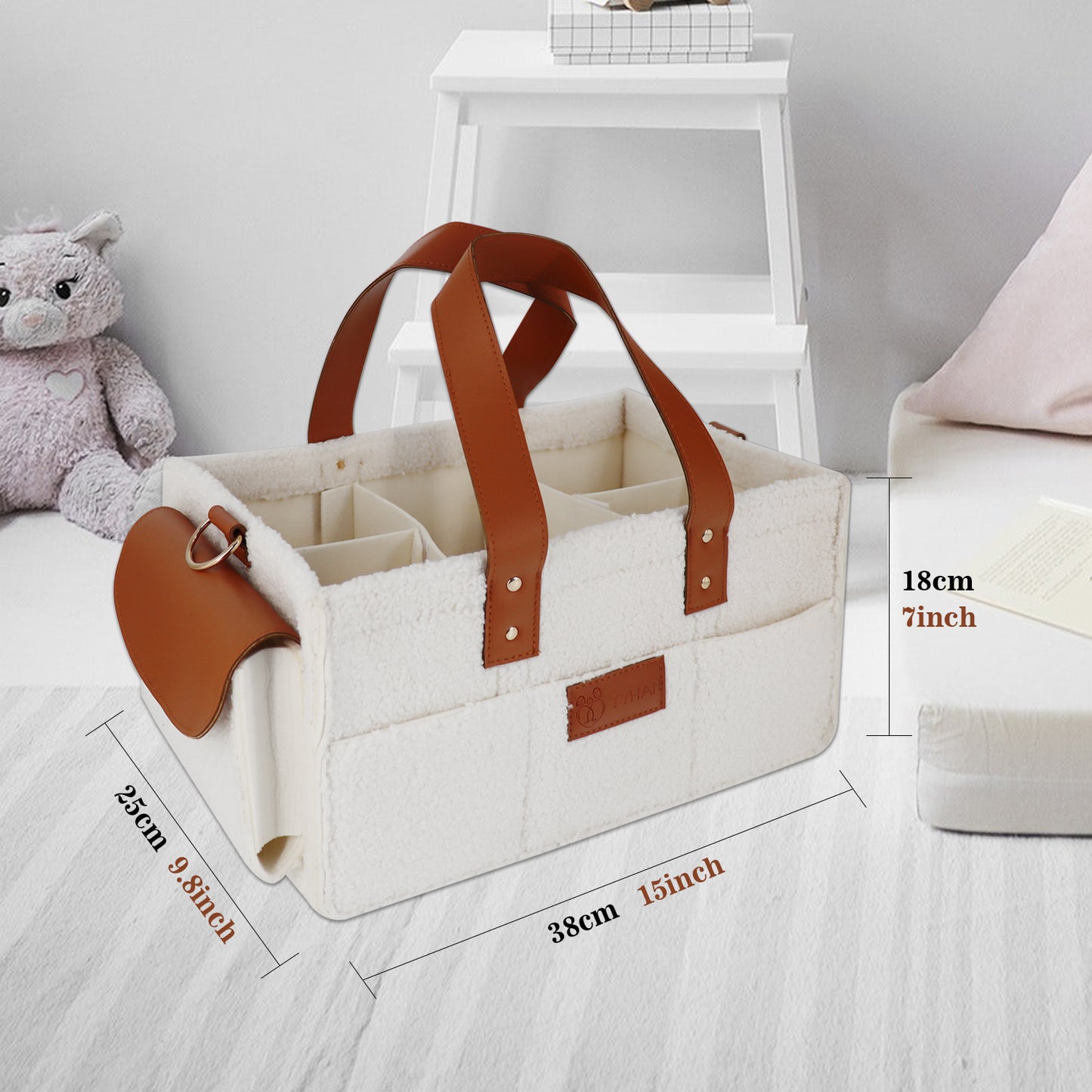 Details of the dimensions of our nappy caddy for baby organisation of nappies, bottles, breast pump supplies and other baby and newborn essentials