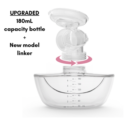 The 180ml collection bottle for the handsfree breast pump with screw on linker for less leakage and secure milk collection